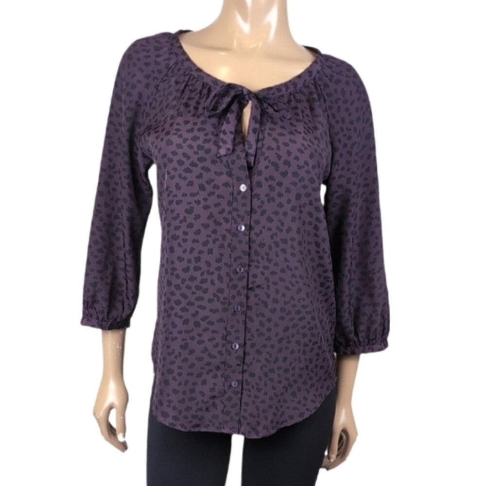 Jacob Buttoned Blouse Womens Small Purple Black Tie Front Bubble Sleeve Top